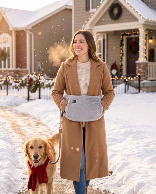 Warm hands on a snowy Christmas walk with the heated pocket